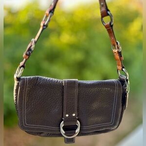 Coach Brown Leather Shoulder Bag with Purple Stitching